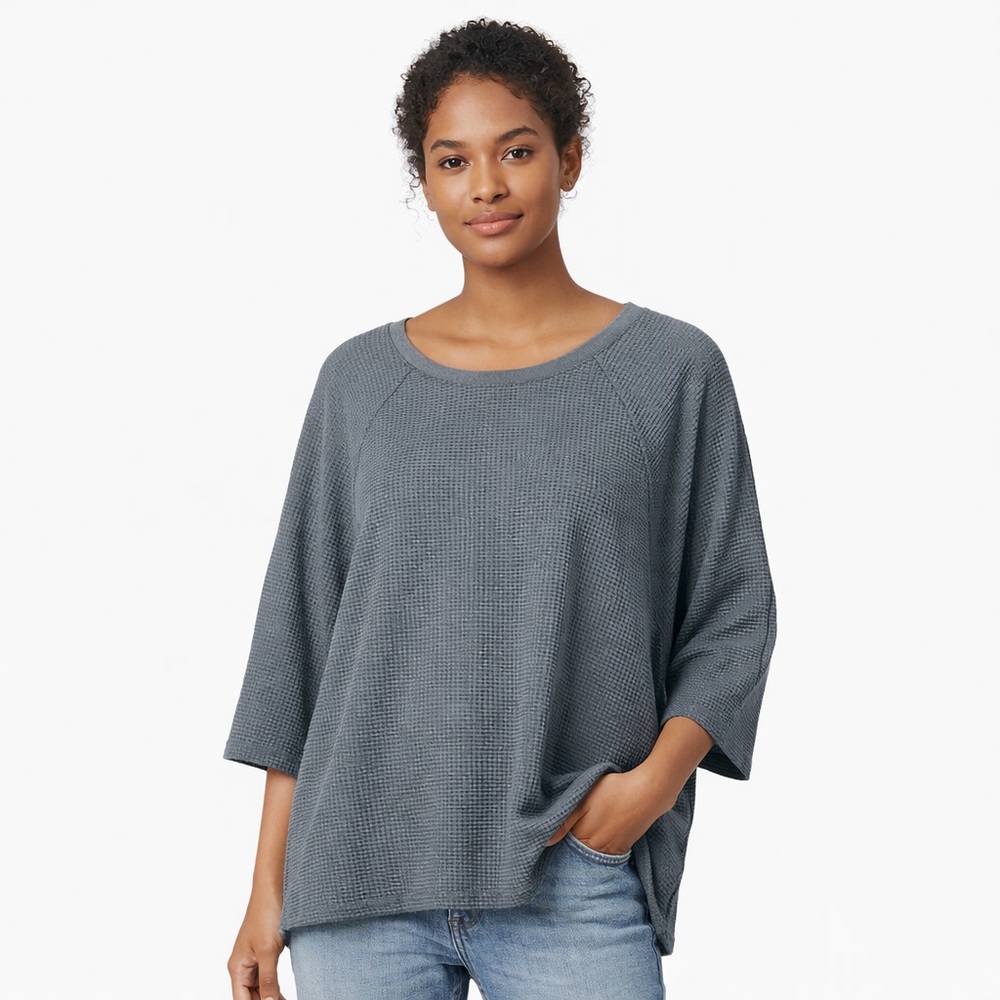 Lilla P Blue Gray Waffle Knit Oversized Top 3/4 Sleeve Size L